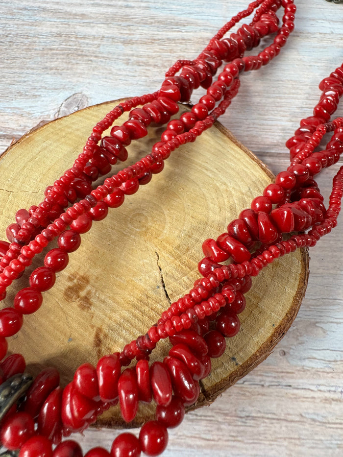 Red Beaded Torsade Necklace with Bronze Tone Filigree Pendant