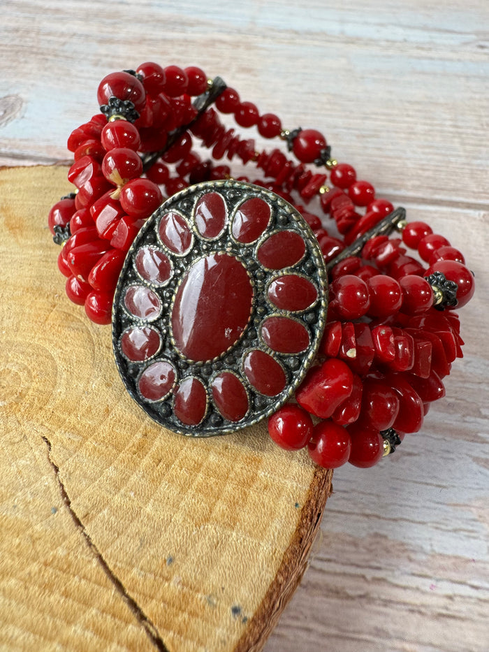 Red Multi-Layered Medallion Stretch Bracelet