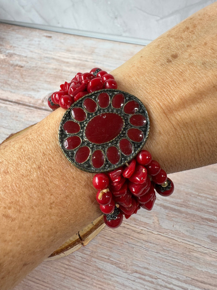 Red Multi-Layered Medallion Stretch Bracelet
