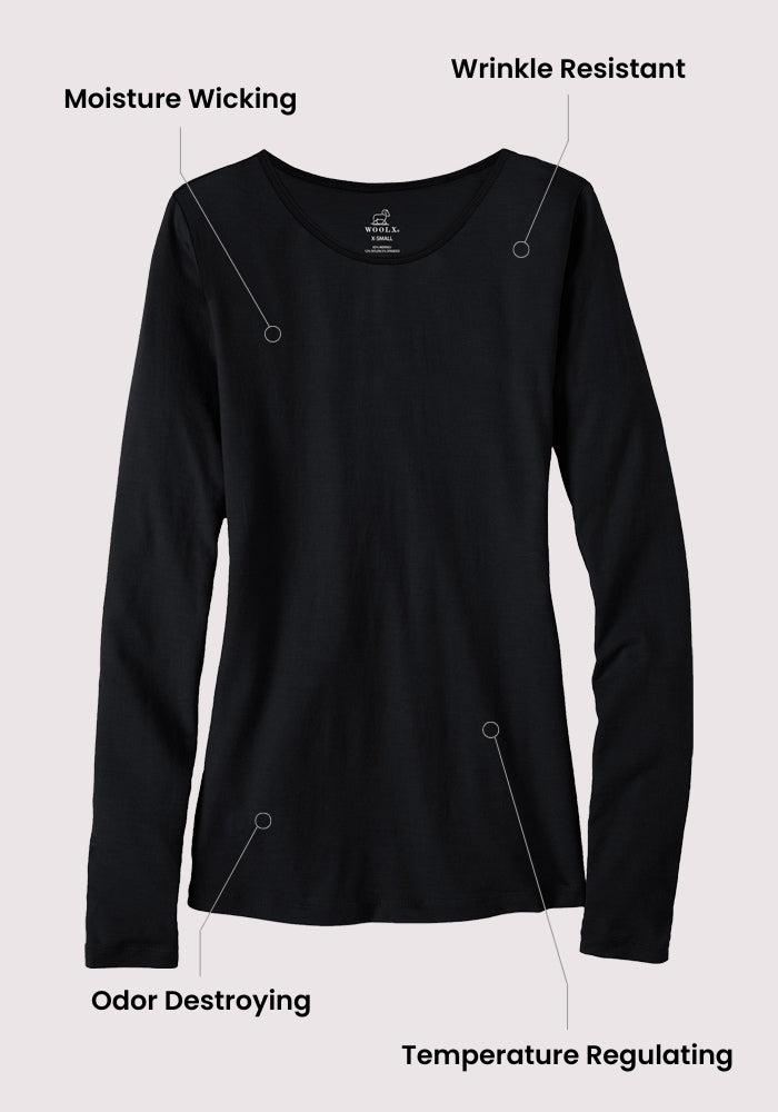 The Woolx Remi Long Sleeve T-Shirt - Peppercorn features moisture-wicking, odor control, and temp regulation.
