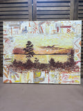 River Sunset on Canvas with Abstract Border; Signed with Initials J.A.