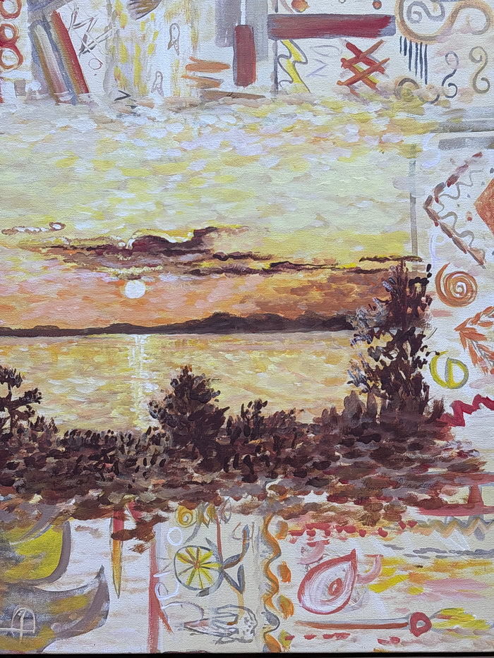 River Sunset on Canvas with Abstract Border; Signed with Initials J.A.