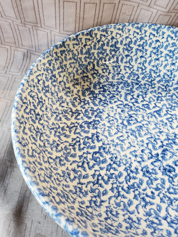 Roseville Spongeware Pottery Blue Pasta Serving Bowl