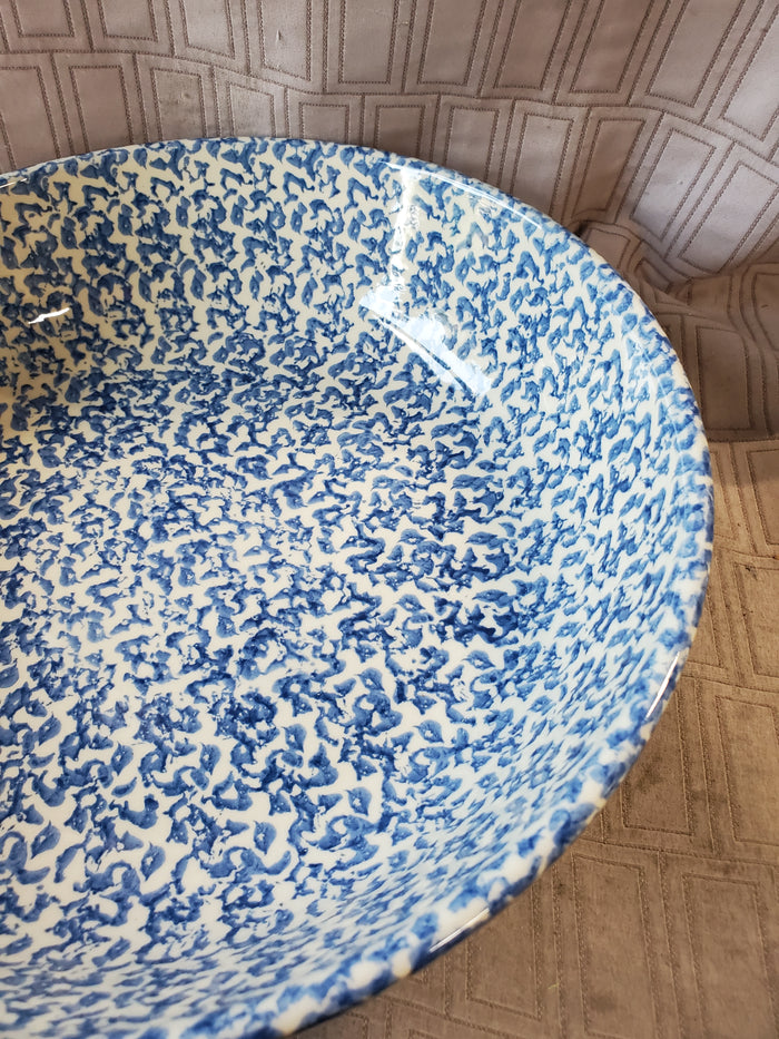 Roseville Spongeware Pottery Blue Pasta Serving Bowl