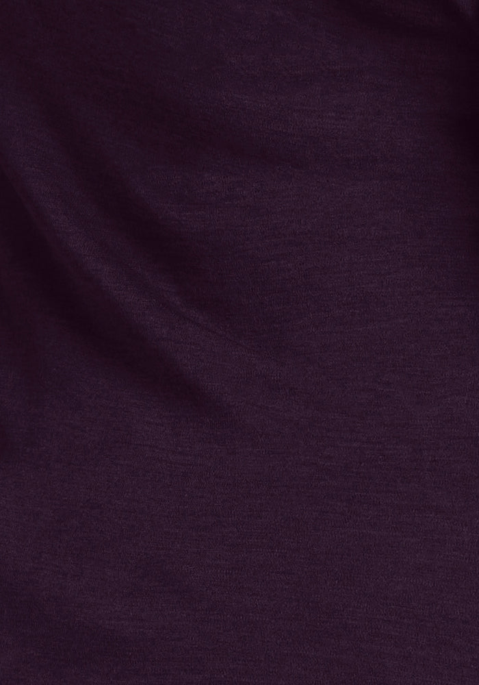 Close-up of Woolx Ryann Hoodie in Deep Plum—lightweight Merino wool with subtle texture, perfect for travel.