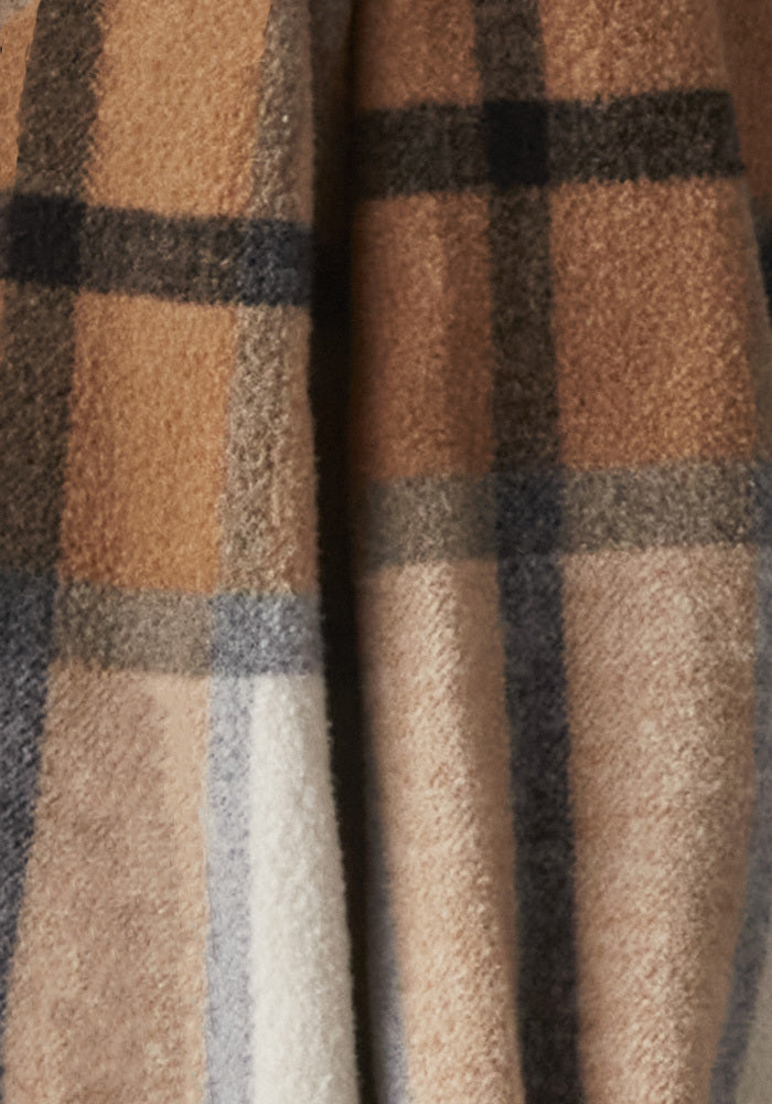 Close-up of the Woolx Sawyer Shacket in Camel Plaid, featuring soft, fuzzy fabric with a brown, beige, black, and cream checkered pattern—an oversized piece ideal for cozy layering.