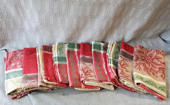 Set of 10 Red, Green, White, and Gold Holly Fabric Napkins