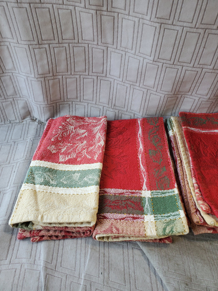 Set of 10 Red, Green, White, and Gold Holly Fabric Napkins