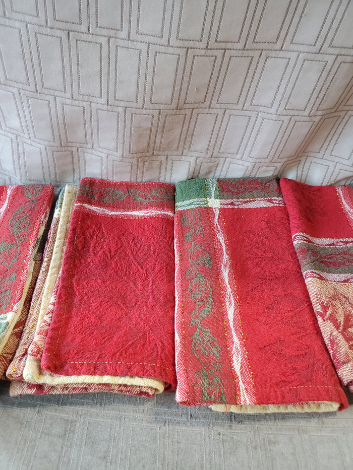 Set of 10 Red, Green, White, and Gold Holly Fabric Napkins