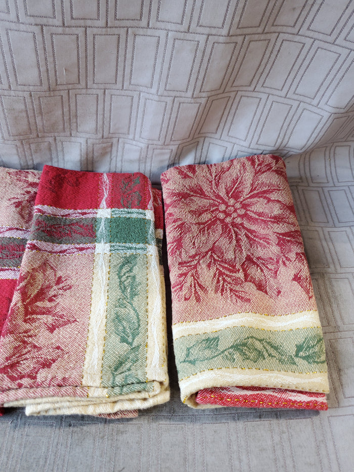 Set of 10 Red, Green, White, and Gold Holly Fabric Napkins