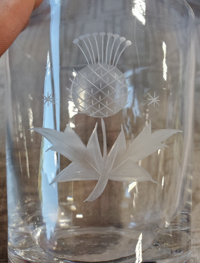 Set of 6 Etched Clear Glass Scottish Thistle Lowball Glasses