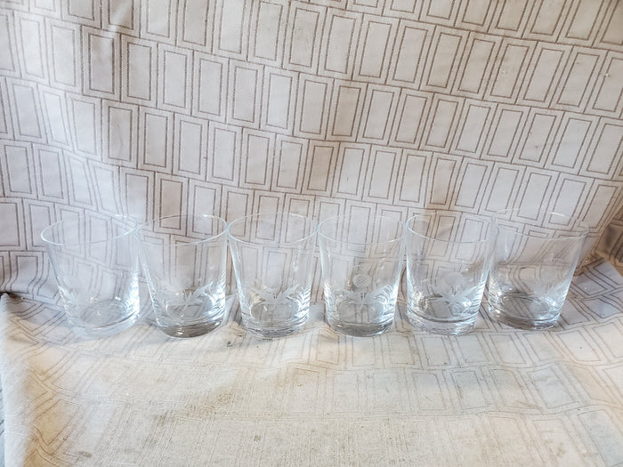 Set of 6 Etched Clear Glass Scottish Thistle Lowball Glasses