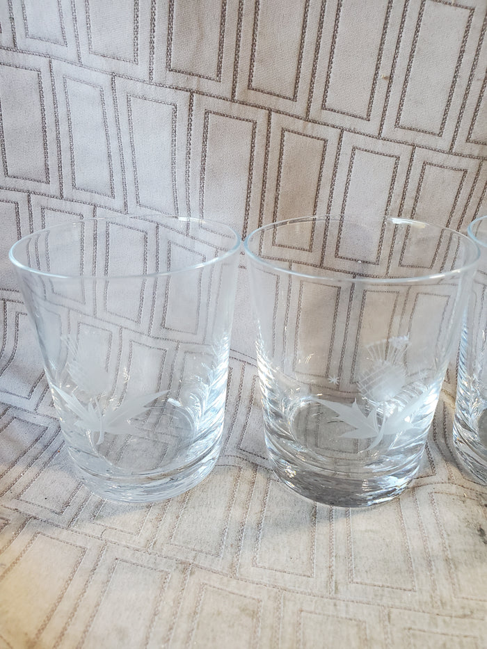Set of 6 Etched Clear Glass Scottish Thistle Lowball Glasses