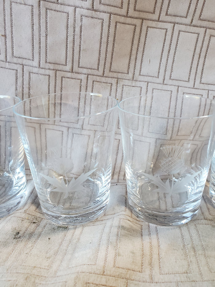 Set of 6 Etched Clear Glass Scottish Thistle Lowball Glasses