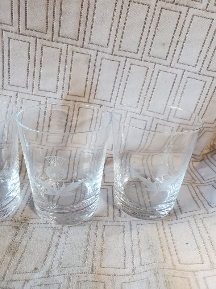 Set of 6 Etched Clear Glass Scottish Thistle Lowball Glasses