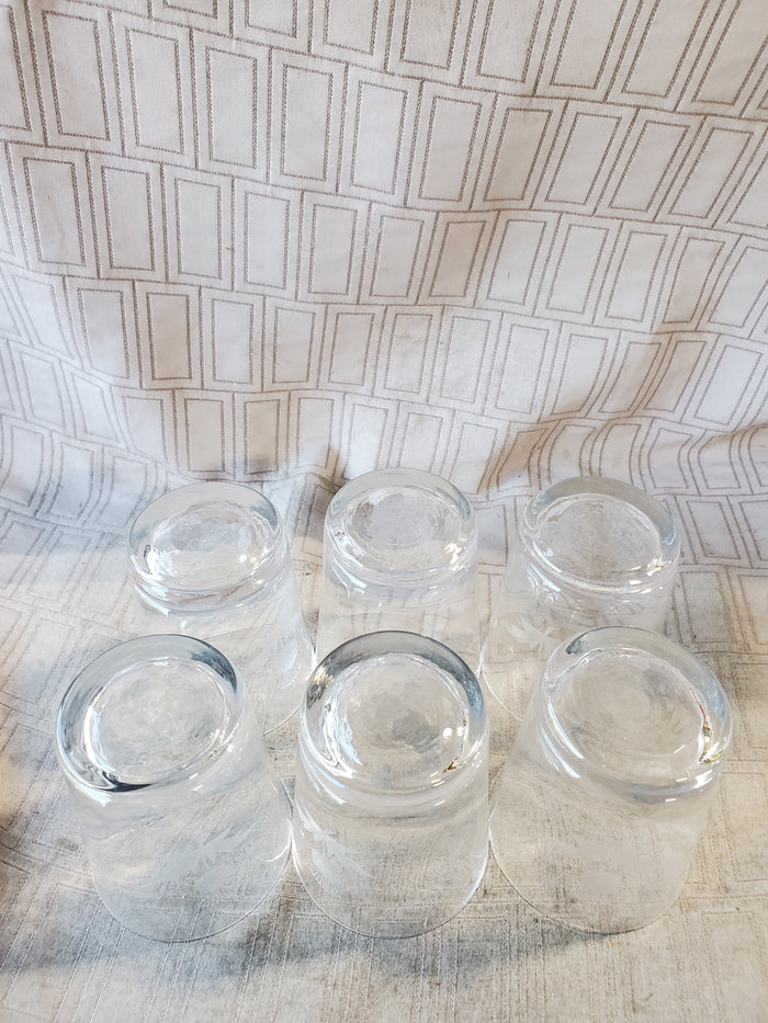 Set of 6 Etched Clear Glass Scottish Thistle Lowball Glasses