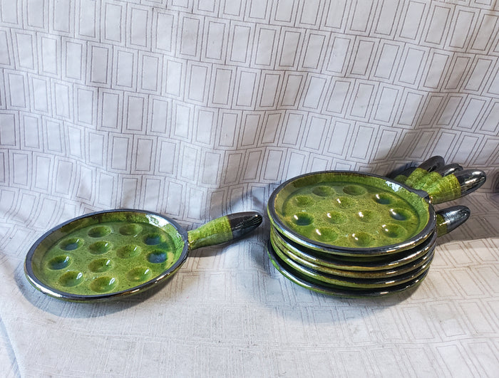 Set of 6 Green Glazed Ceramic Escargot Dishes