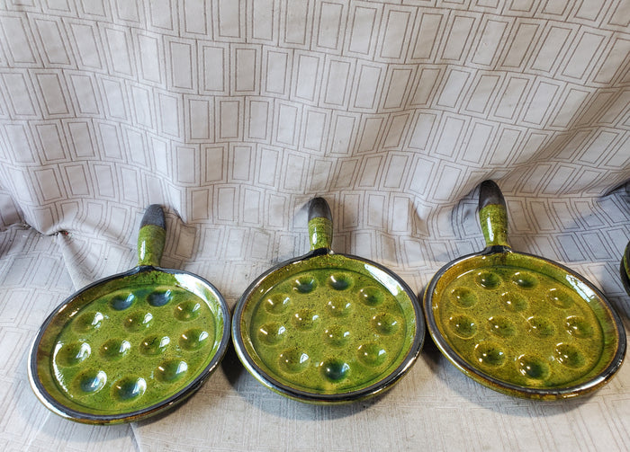Set of 6 Green Glazed Ceramic Escargot Dishes