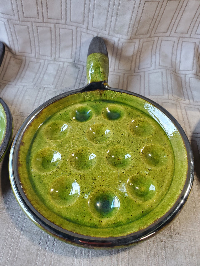 Set of 6 Green Glazed Ceramic Escargot Dishes