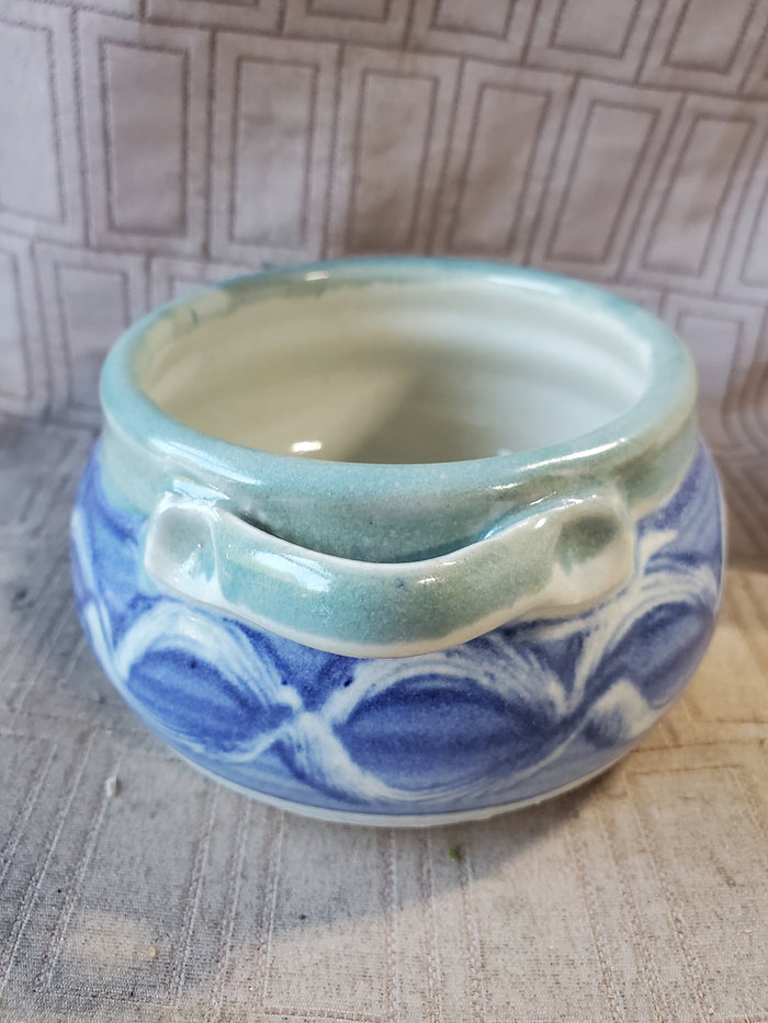 Signed Glazed Pottery Trinket Bowl with Handle
