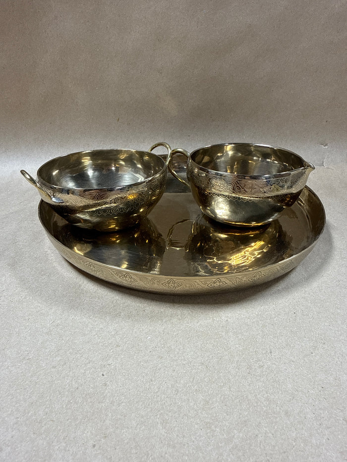 Silver & Gold Tone Engraved Sugar And Creamer Set with Matching Serving Tray - 3 Pieces