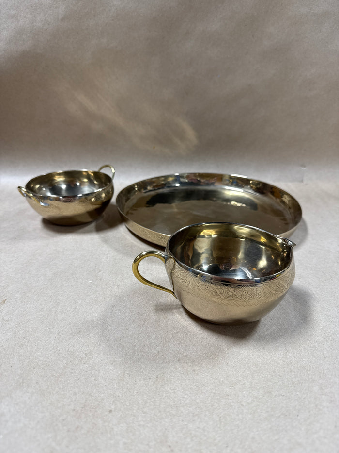 Silver & Gold Tone Engraved Sugar And Creamer Set with Matching Serving Tray - 3 Pieces