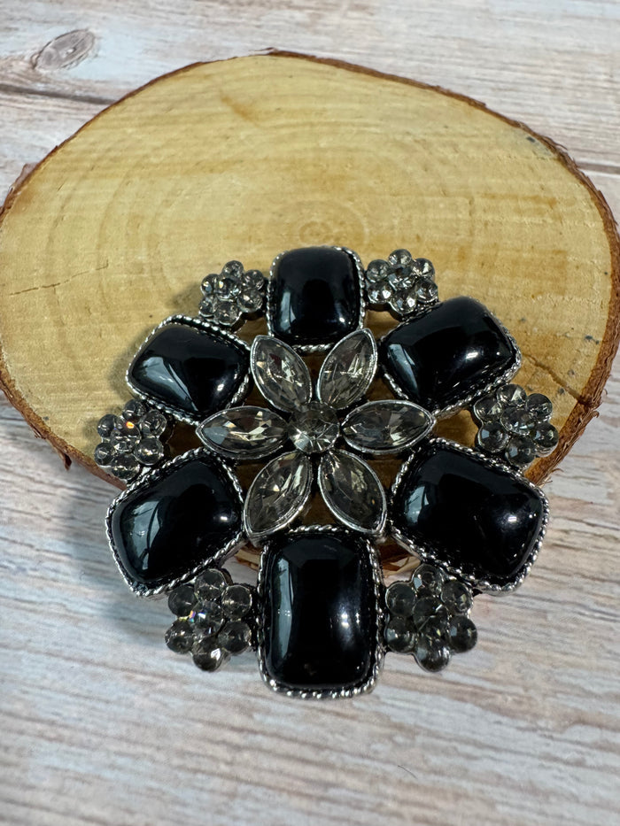 Smoky Gray Rhinestone & Black Cabochon Floral Brooch