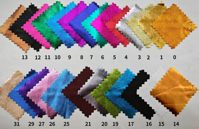 Vibrant solid color shiny fabric swatches for round backdrop covers, including metallic gold, silver, black, green, pink, blue, purple.