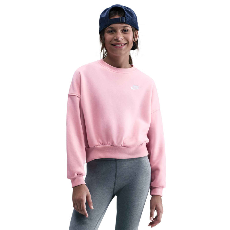 Sportswear Club Fleece Girls' Boxy Crew-Neck Sweatshirt in Med Soft Pink/Med Soft Pink/White