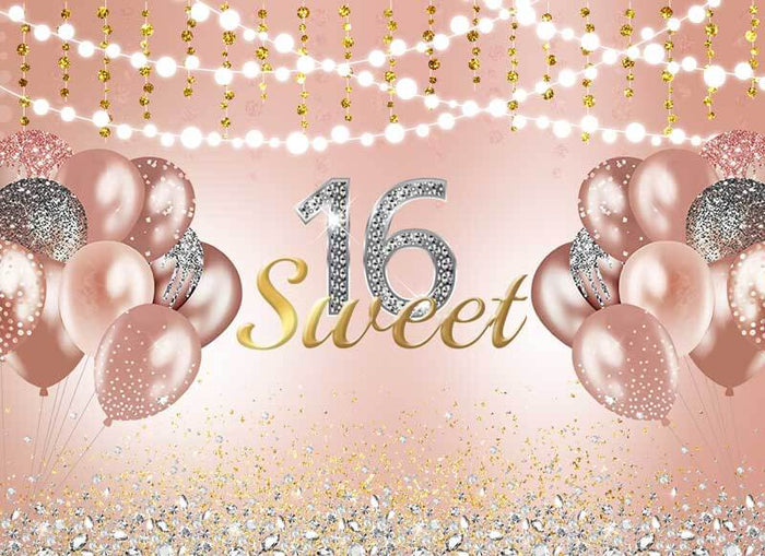 Sweet 16 Rose Gold Balloons Backdrop-ubackdrop