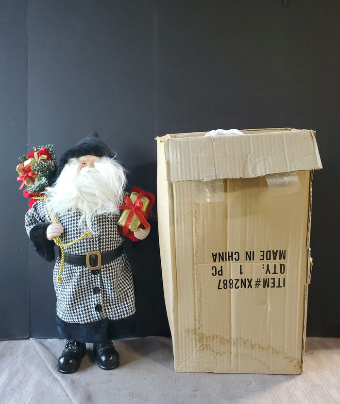 Tabletop Black and White Houndstooth Coat Santa Figurine