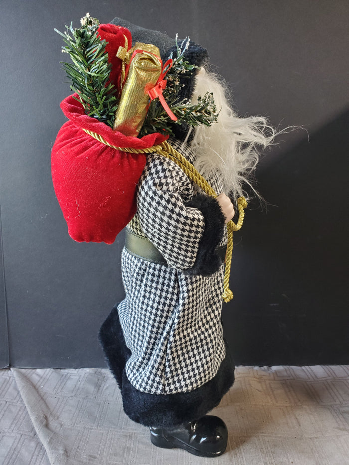 Tabletop Black and White Houndstooth Coat Santa Figurine