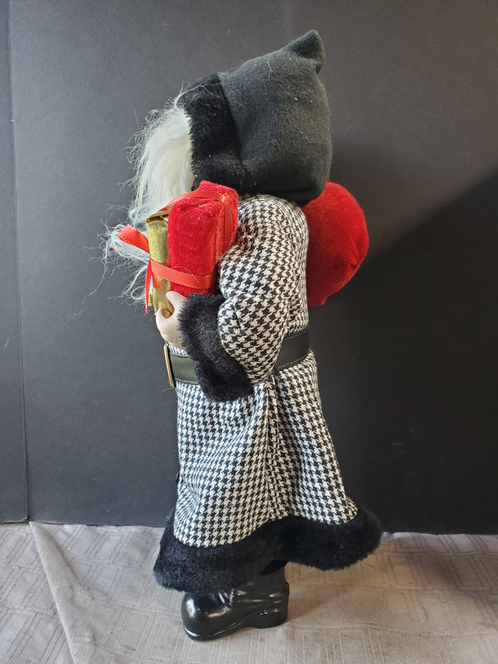 Tabletop Black and White Houndstooth Coat Santa Figurine