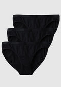 Three black Roxie Bikini panties by Woolx are stacked, slightly overlapping, against a plain gray background, each featuring a simple, classic cut.