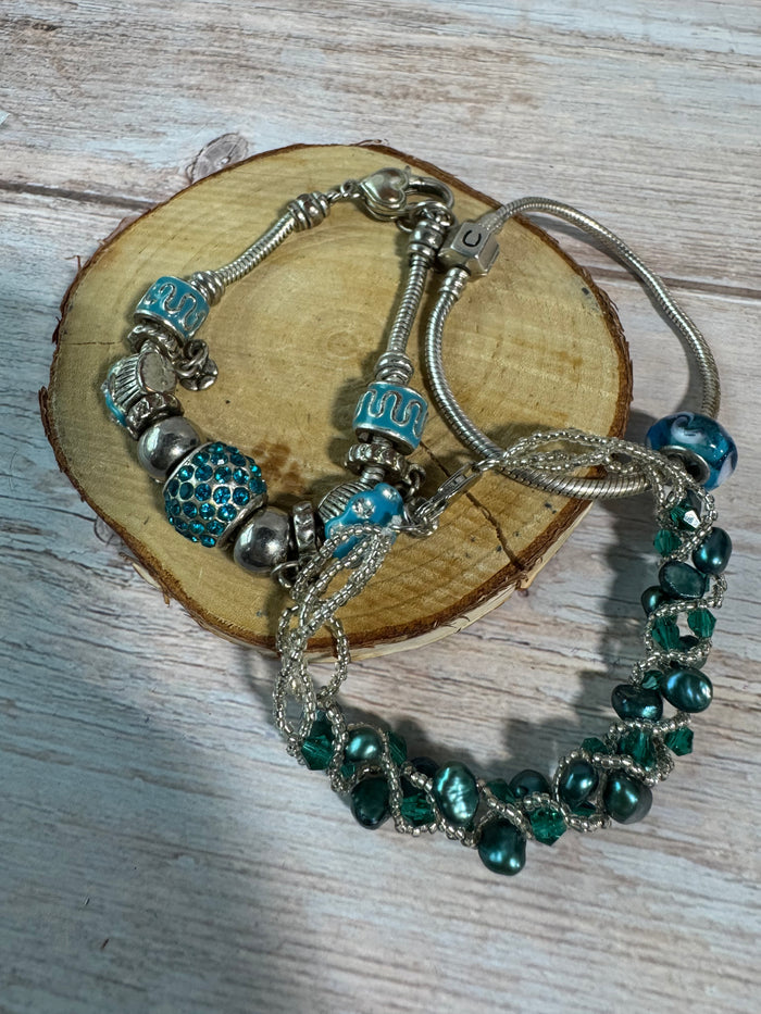 Trio of Blue Accented Silver Tone Bracelets