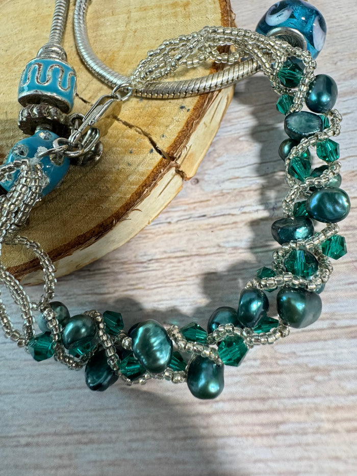 Trio of Blue Accented Silver Tone Bracelets