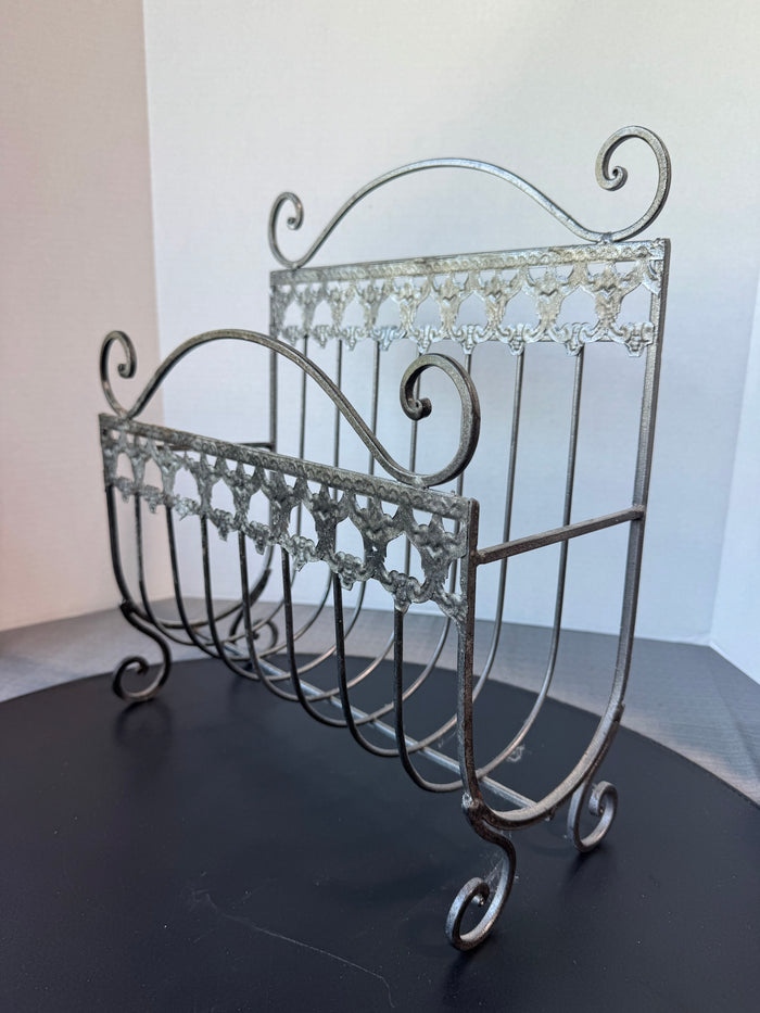 Victorian Style Gray Metal Scroll Magazine Rack