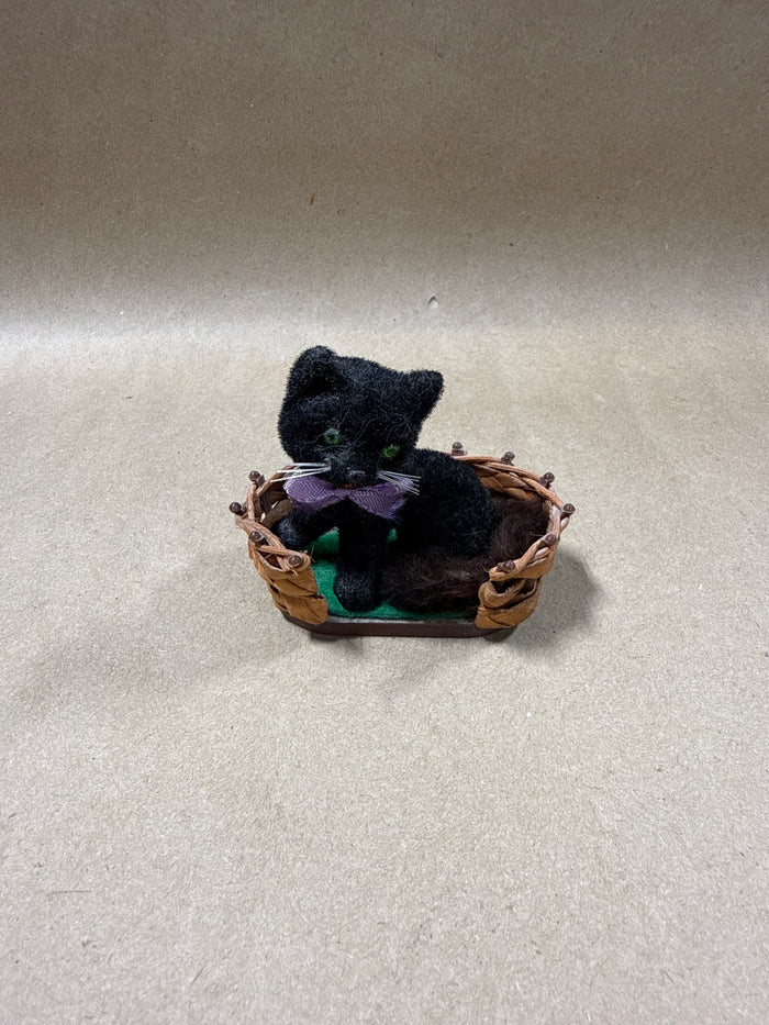 Wagner Handwork Mini Flocked Black Cat With Bed