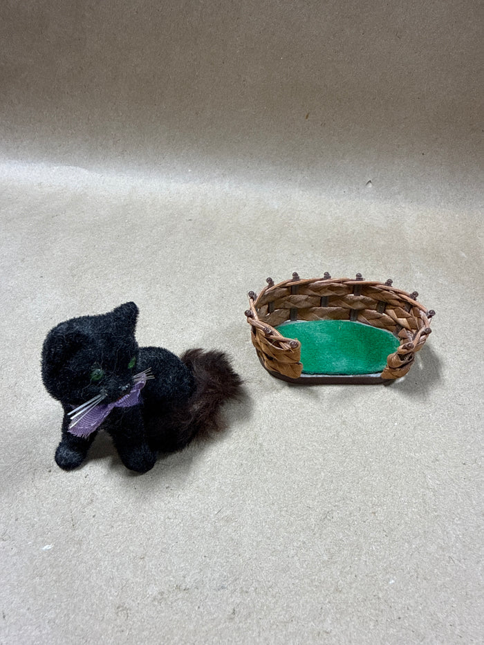 Wagner Handwork Mini Flocked Black Cat With Bed