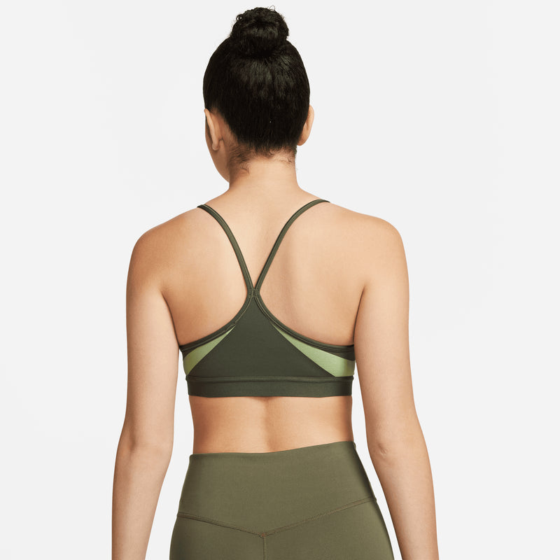 Women's Indy Light-Support Padded V-Neck Sports Bra in Cargo Khaki/Alligator/Cargo Khaki/White