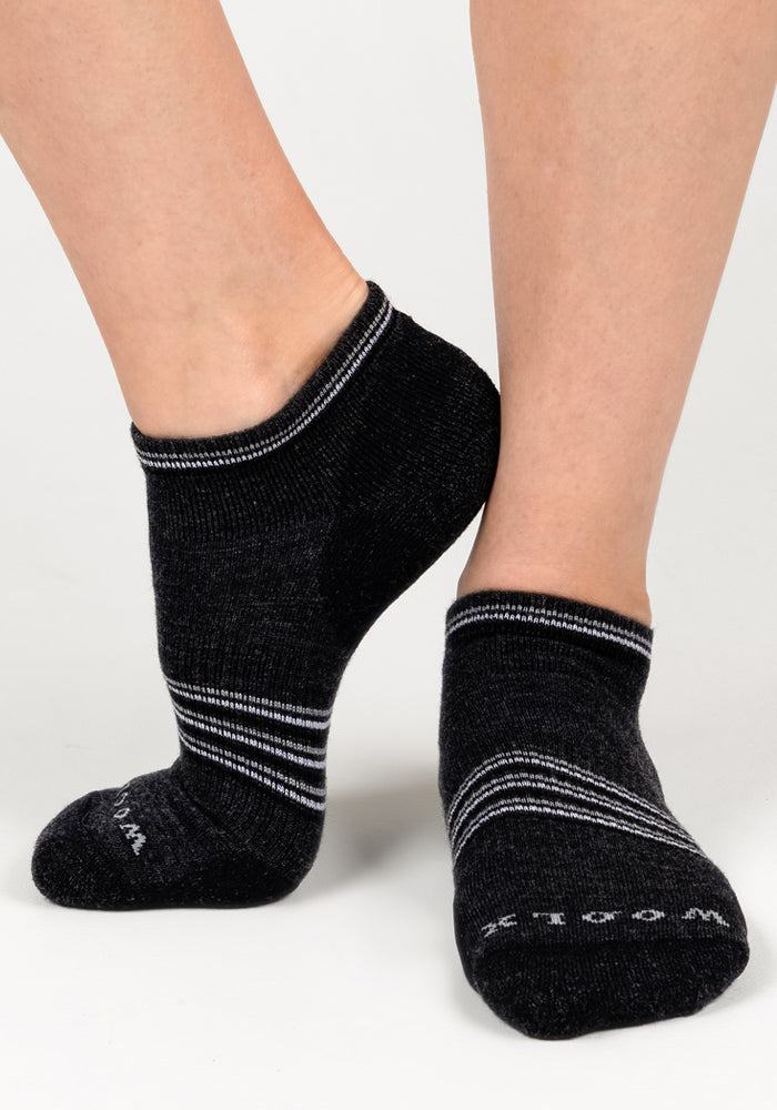 Close-up of feet wearing Woolx Womens Amelia No Show Socks in dark grey charcoal, featuring white stripes and "WOOL" partially visible on the toes. Background is plain white.
