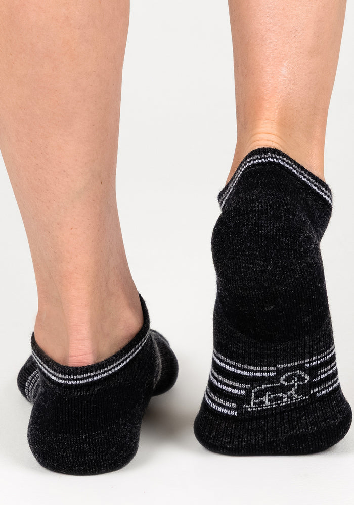A close-up of two feet wearing Woolx Womens Amelia No Show Socks in dark grey charcoal, featuring moisture-wicking fabric, white stripes, and a small logo on the heel, shown from behind against a plain light background.