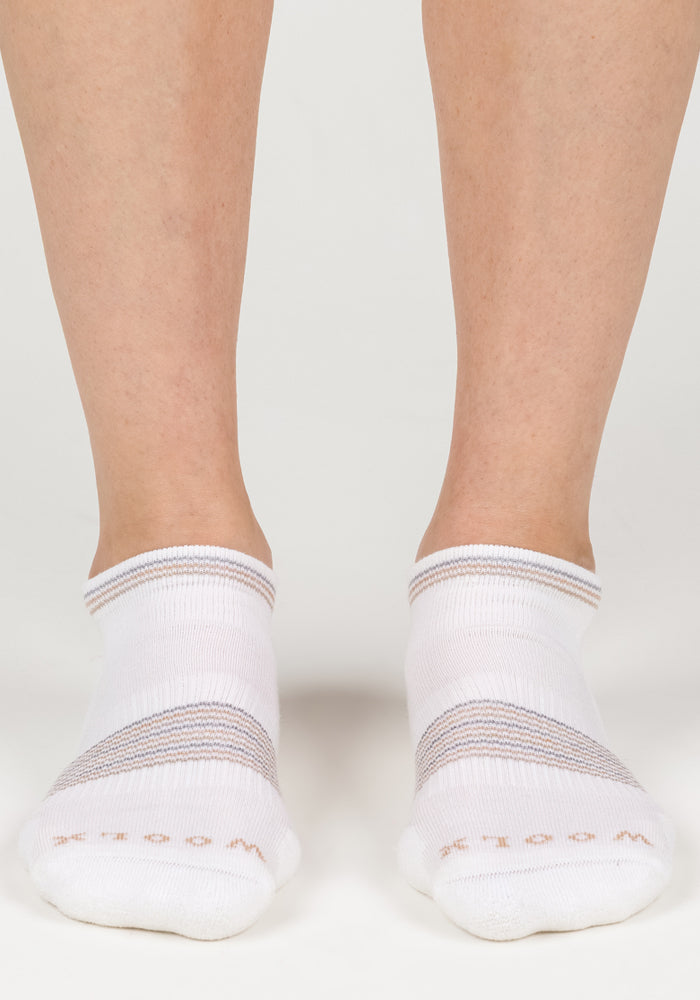 Close-up of a person’s lower legs and feet wearing Woolx Womens Amelia No Show Socks in White Lightning, featuring moisture-wicking fabric, gray stripes, and ribbed textures on a white background.