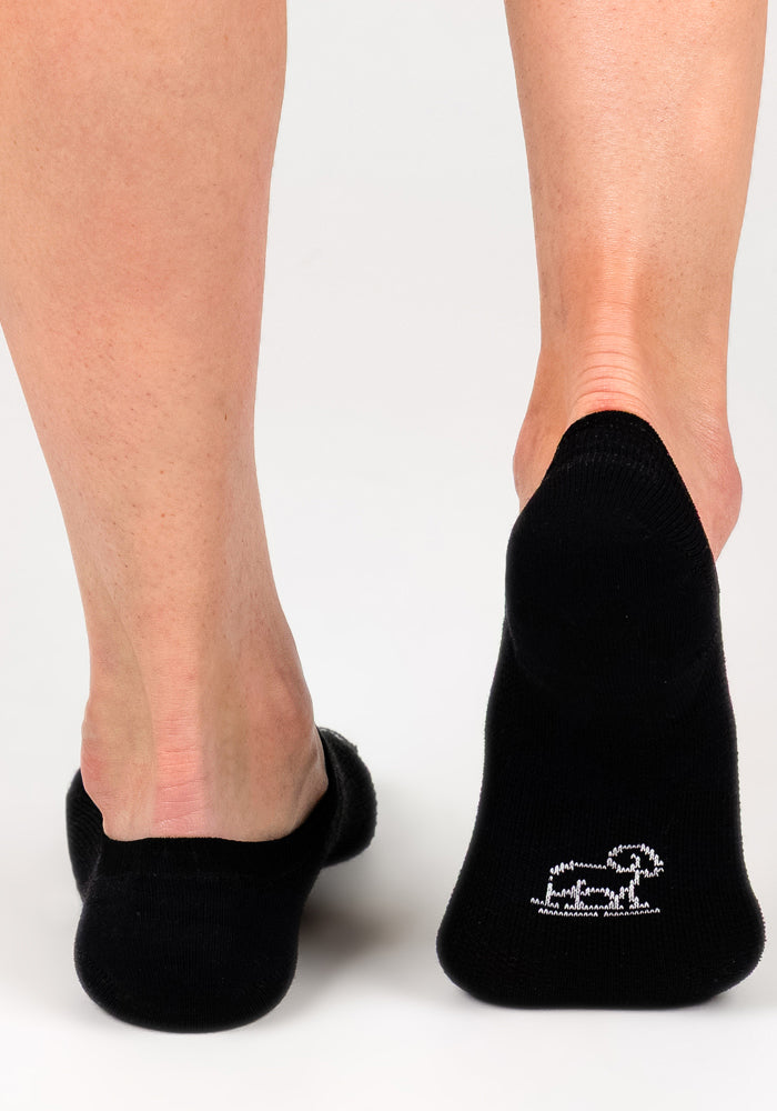 Close-up of a person’s lower legs wearing Woolx Womens Daisy Ped Socks in Black Pepper. The right sock has a small white embroidered dog near the heel. Background is plain white.