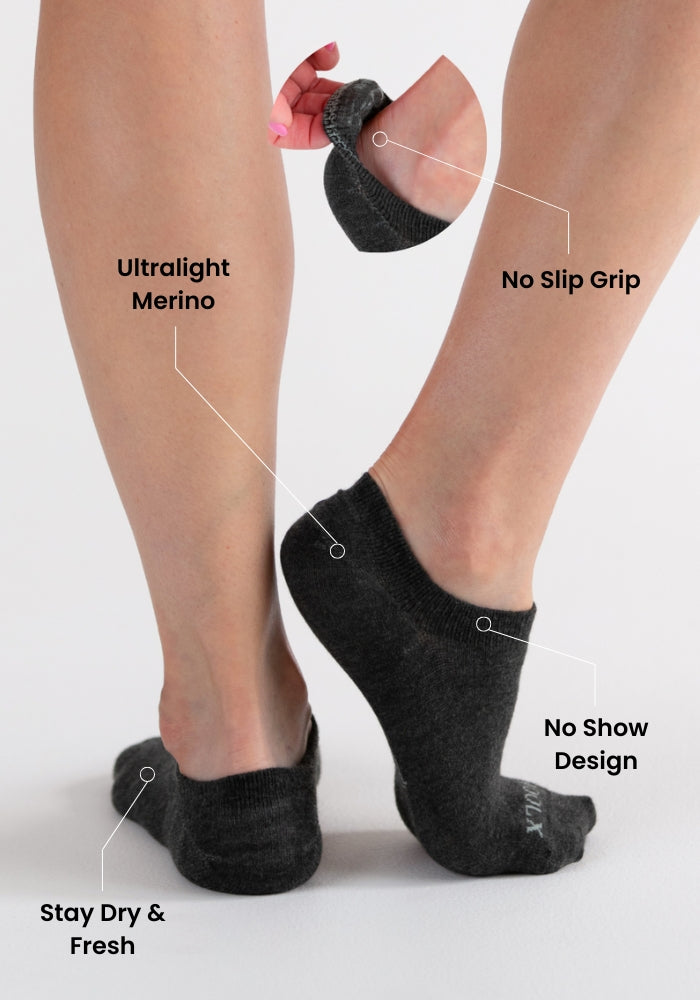 Woman wearing Woolx Womens Daisy Promotional Ped Socks - Sweet Peony, one foot raised to show the sole. Labels highlight ultralight merino, no slip grip, no-show design, and stay dry & fresh. Inset shows sock material detail.