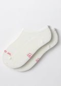 Two Woolx Womens Daisy Ped Socks in White Lightning, featuring pink writing near the toes, are laid on top of each other against a plain white background.