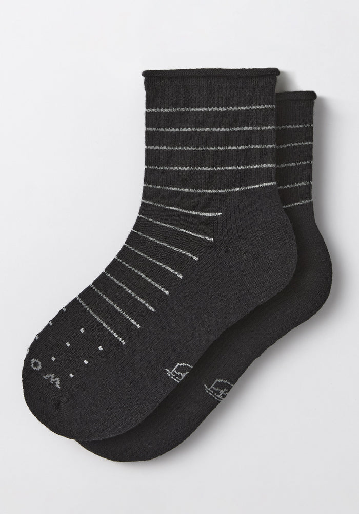 The Woolx Womens Derby Roll Top Sock in black features thin, evenly spaced horizontal gray stripes. These lightweight socks are shown side by side on a white background.