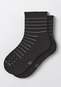 The Woolx Womens Derby Roll Top Sock in black features thin, evenly spaced horizontal gray stripes. These lightweight socks are shown side by side on a white background.