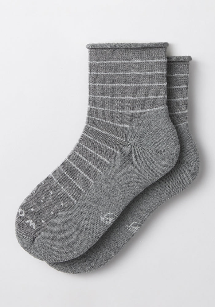 The Woolx Womens Derby Roll Top Sock in Grey features thin white stripes and a lightweight, comfortable design—perfect for everyday wear.