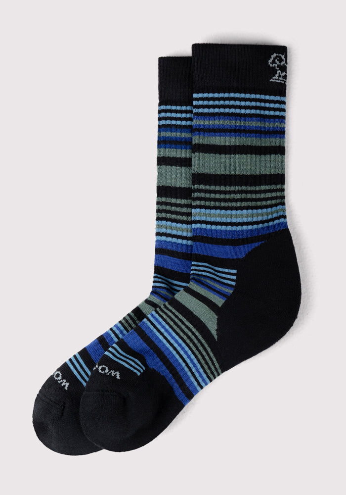 The Woolx Womens Everyday Crew Socks - Black Stripe feature black fabric with blue, teal, and gray horizontal stripes and a small white logo. These cushioned, moisture-wicking crew socks provide all-day comfort and style.